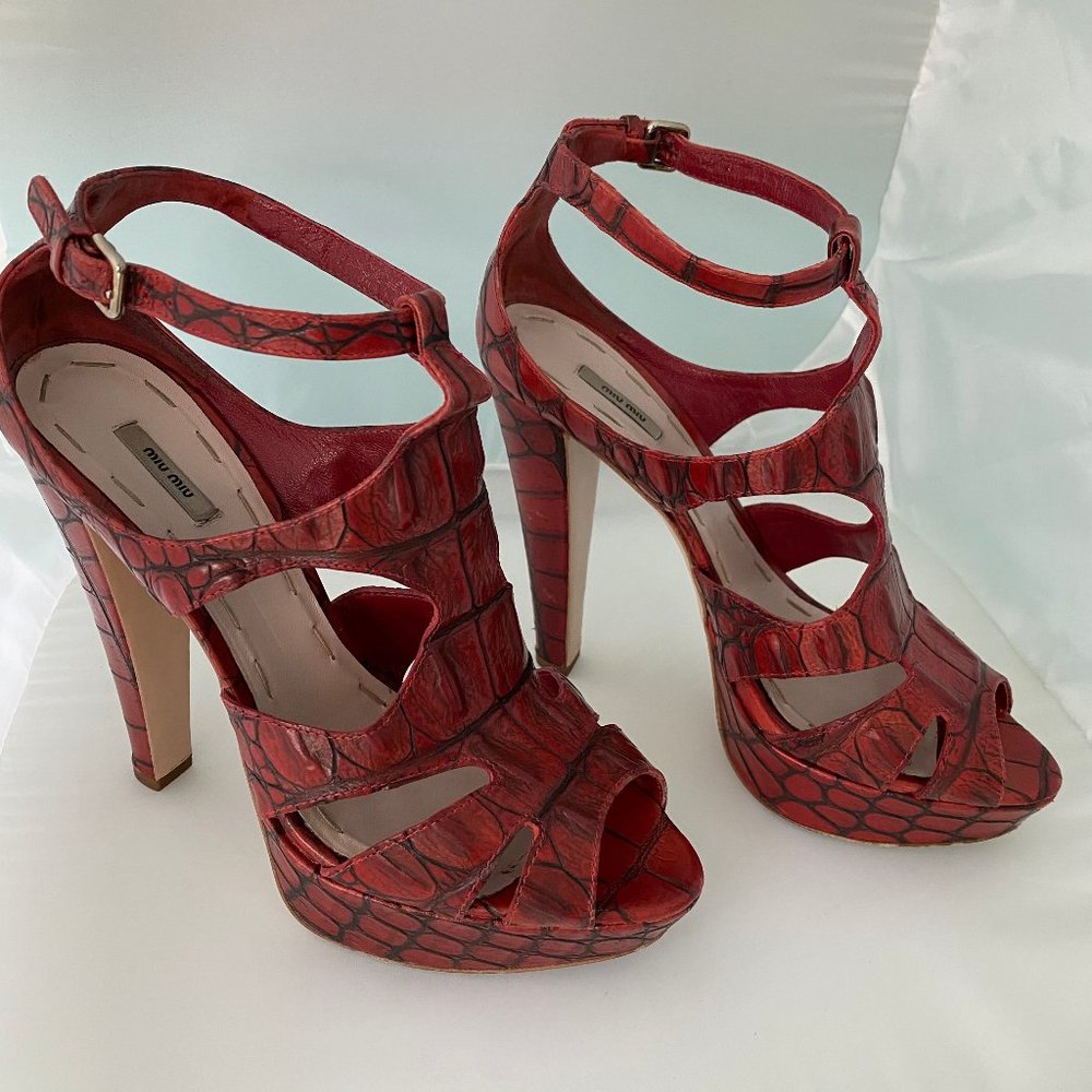 Miu Miu Caged Platform Sandals Croc Embossed